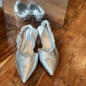 Sigerson Morrison Silver Slingback Heels, Size 7.5